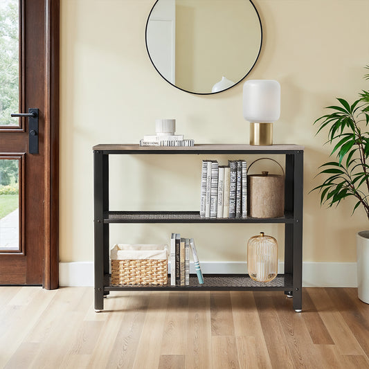 40-Inch Industrial Console Table, 3-Tier Entryway Table with 2 Mesh Shelves, Narrow Sofa Table for Hallway, Greige & Black