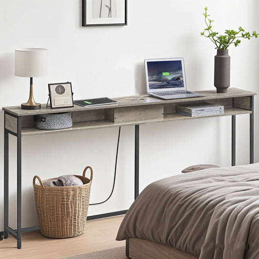 70.9-Inch Slim Console Table with Charging Station, 2 AC Outlets & 2 USB Ports, Behind Couch Table for Entryway & Living Room, Heather Greige and Black