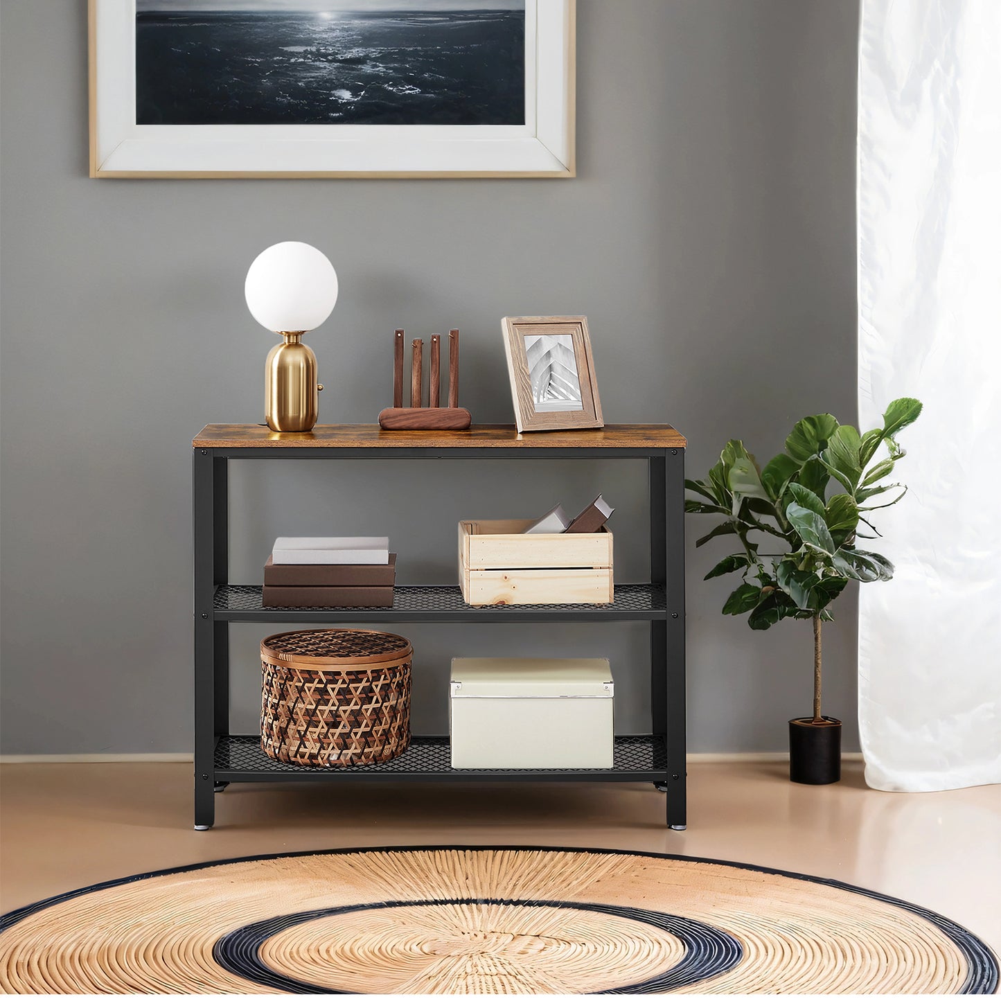 40-Inch Industrial Console Table, 3-Tier Entryway Table with 2 Mesh Shelves, Narrow Sofa Table for Hallway, Rustic Brown & Black
