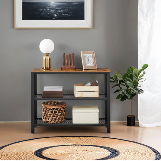 40-Inch Industrial Console Table, 3-Tier Entryway Table with 2 Mesh Shelves, Narrow Sofa Table for Hallway, Rustic Brown & Black