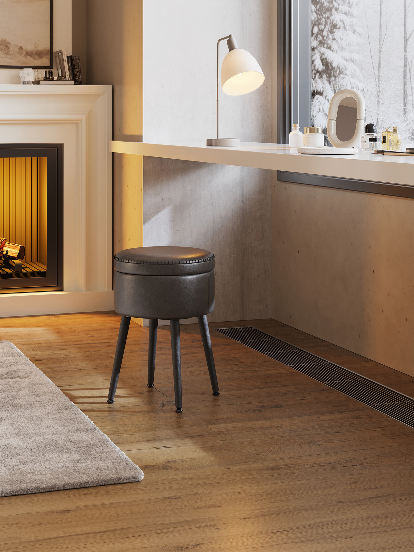 Storage Ottoman Vanity Chair, Mid-Century Modern Round Stool with Steel Legs and 330 lb Capacity, Ink Black