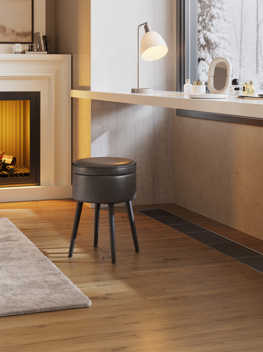 Storage Ottoman Vanity Chair, Mid-Century Modern Round Stool with Steel Legs and 330 lb Capacity, Ink Black