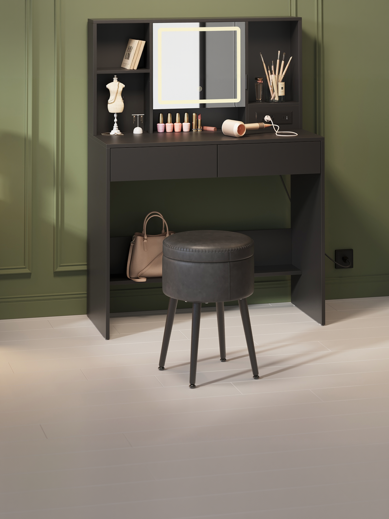 Storage Ottoman Vanity Chair, Mid-Century Modern Round Stool with Steel Legs and 330 lb Capacity, Ink Black