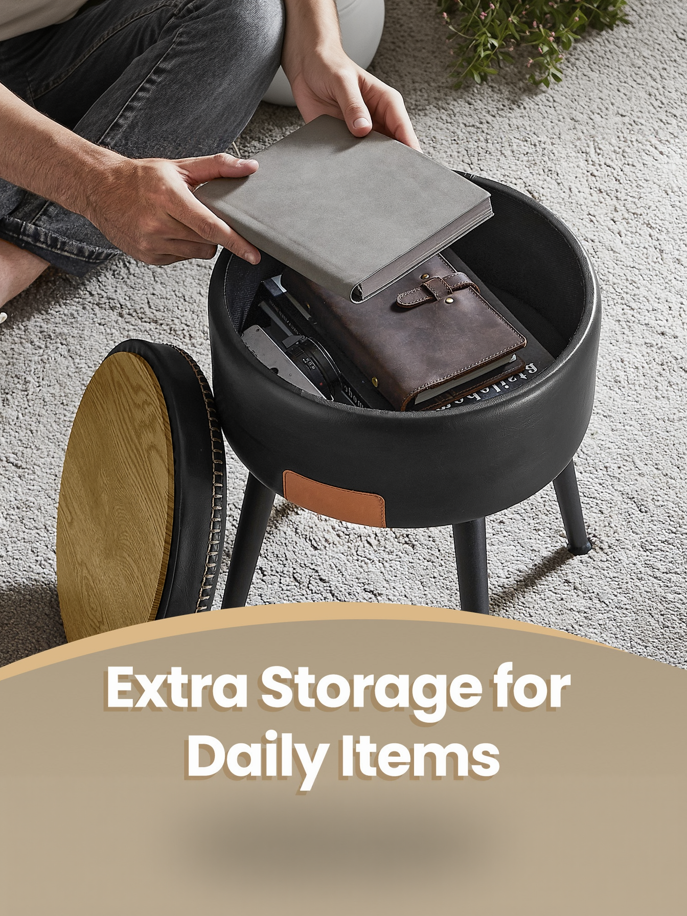 Storage Ottoman Vanity Chair, Mid-Century Modern Round Stool with Steel Legs and 330 lb Capacity, Ink Black