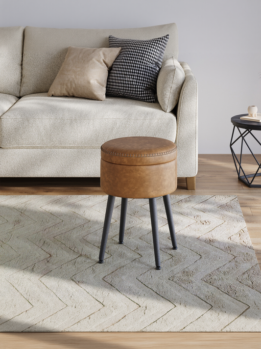 Storage Ottoman Vanity Chair, Mid-Century Modern Round Stool with Steel Legs and 330 lb Capacity, Caramel Brown