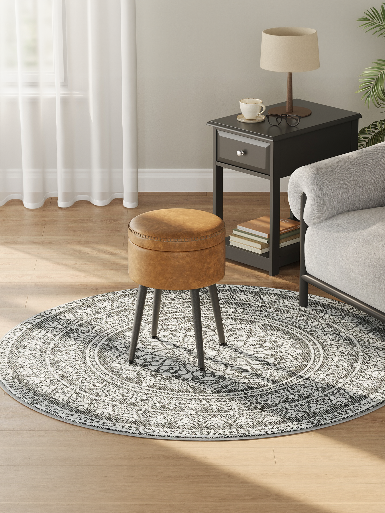Storage Ottoman Vanity Chair, Mid-Century Modern Round Stool with Steel Legs and 330 lb Capacity, Caramel Brown