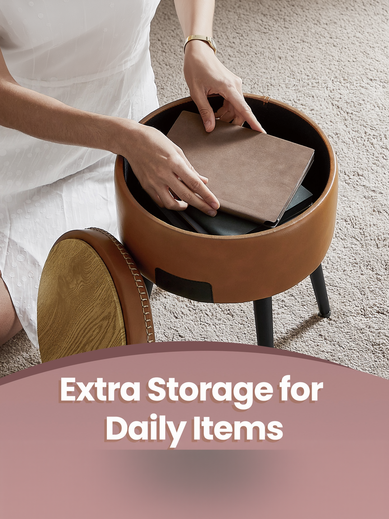 Storage Ottoman Vanity Chair, Mid-Century Modern Round Stool with Steel Legs and 330 lb Capacity, Caramel Brown