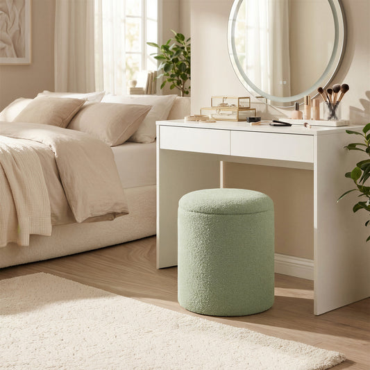 Set of 2 Round Storage Ottomans, Teddy Fleece Vanity Stools with Removable Lid, Footrest & Coffee Table, for Living Room, Bedroom, Laurel Green