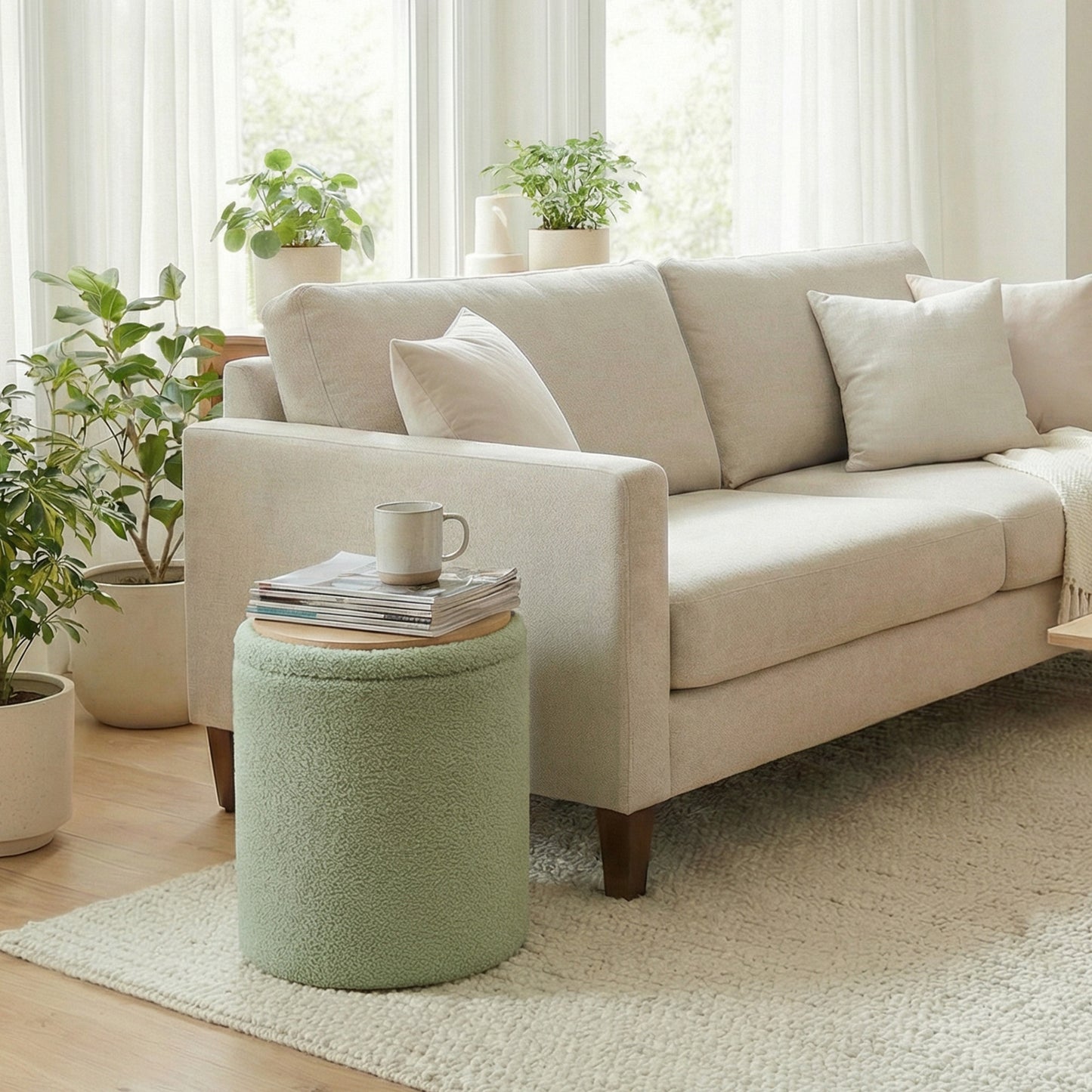 Set of 2 Round Storage Ottomans, Teddy Fleece Vanity Stools with Removable Lid, Footrest & Coffee Table, for Living Room, Bedroom, Laurel Green