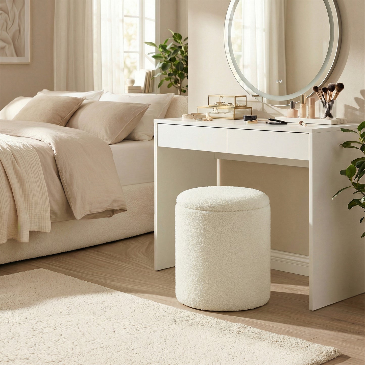 Set of 2 Round Storage Ottomans, Teddy Fleece Vanity Stools with Removable Lid, Footrest & Coffee Table, for Living Room, Bedroom, Cream White