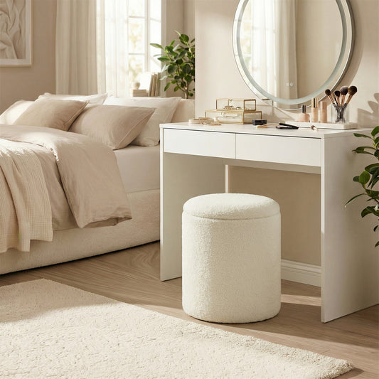 Set of 2 Round Storage Ottomans, Teddy Fleece Vanity Stools with Removable Lid, Footrest & Coffee Table, for Living Room, Bedroom, Cream White