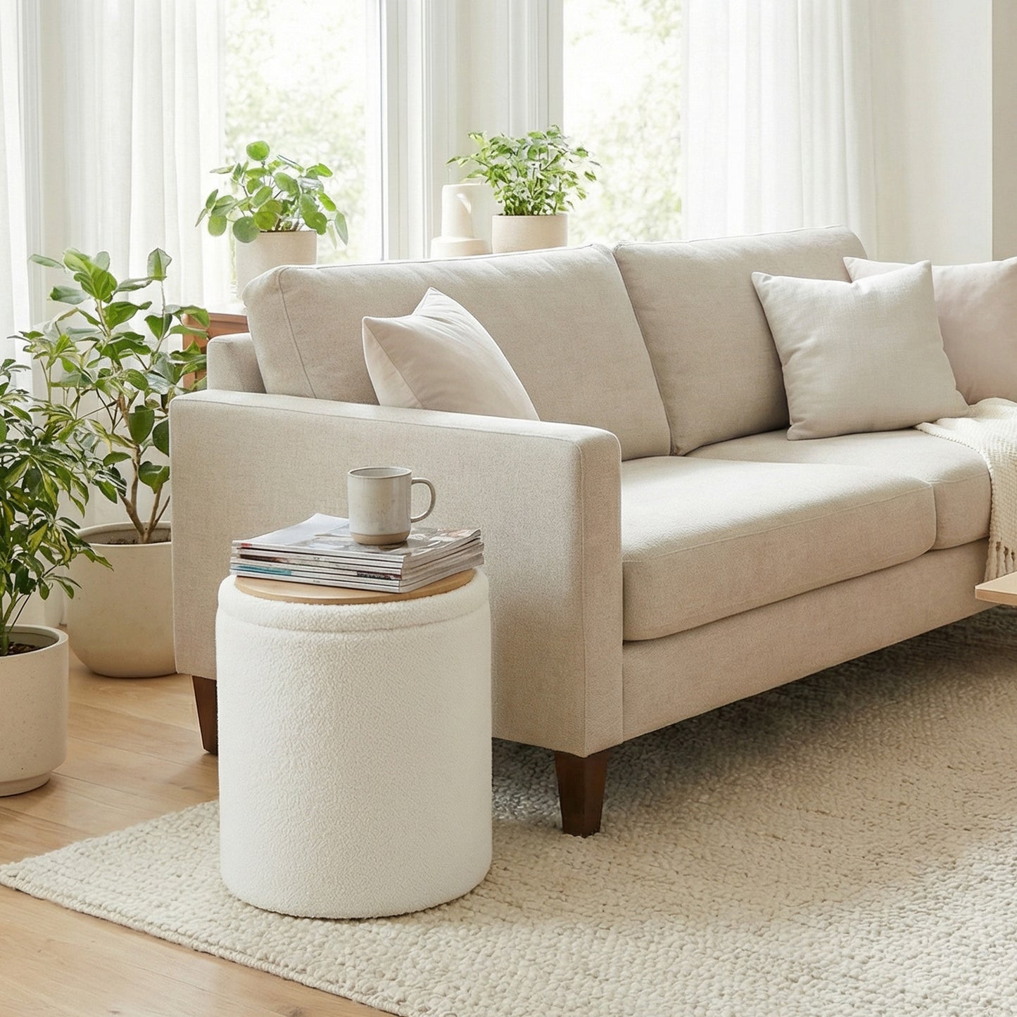Set of 2 Round Storage Ottomans, Teddy Fleece Vanity Stools with Removable Lid, Footrest & Coffee Table, for Living Room, Bedroom, Cream White