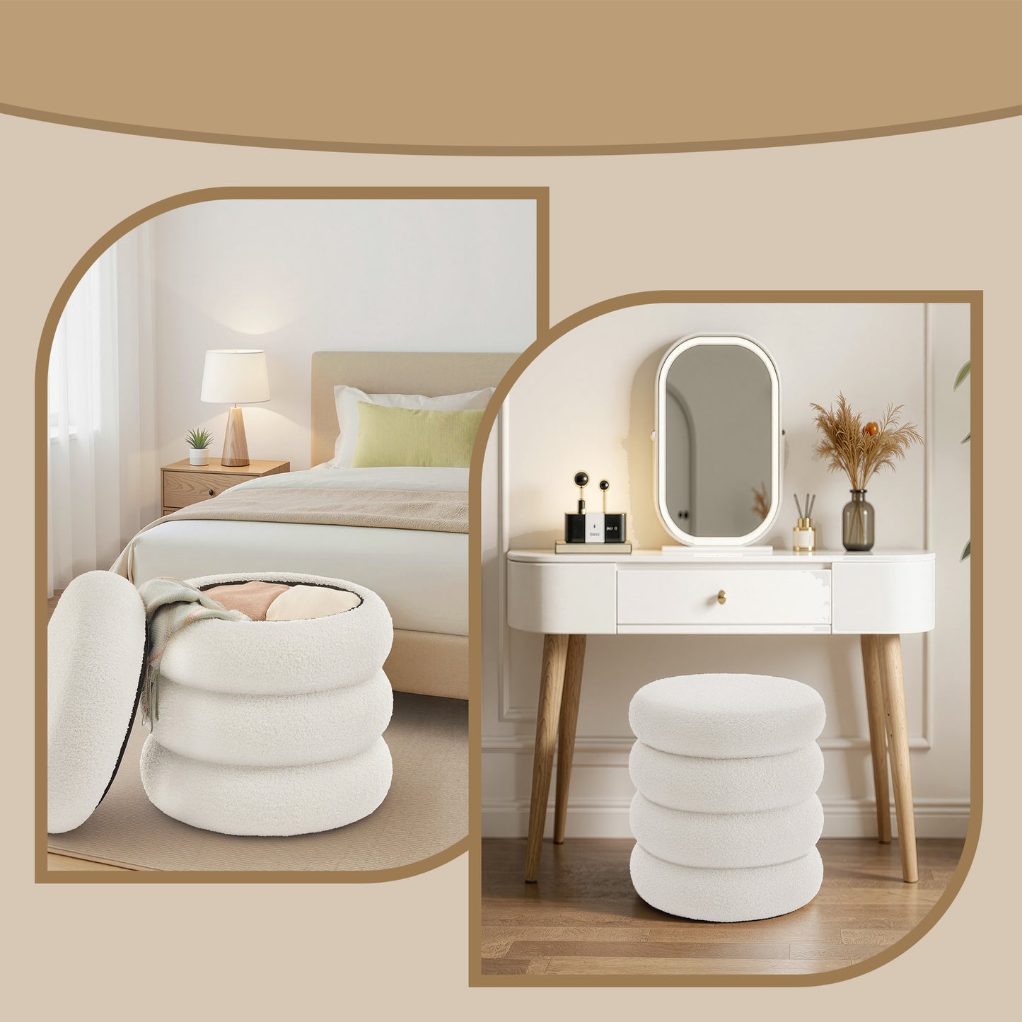 Round Storage Ottoman with Removable Lid, Teddy Fleece Upholstered Foot Stool for Living Room, Bedroom, 16.9 x 18.5 x 16.9 Inches, White