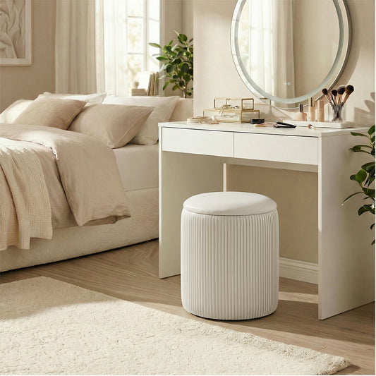 Set of 2 Round Velvet Storage Ottomans, Vanity Stools with Removable Lid, Footrest & Coffee Table, for Living Room, Bedroom, Cream White