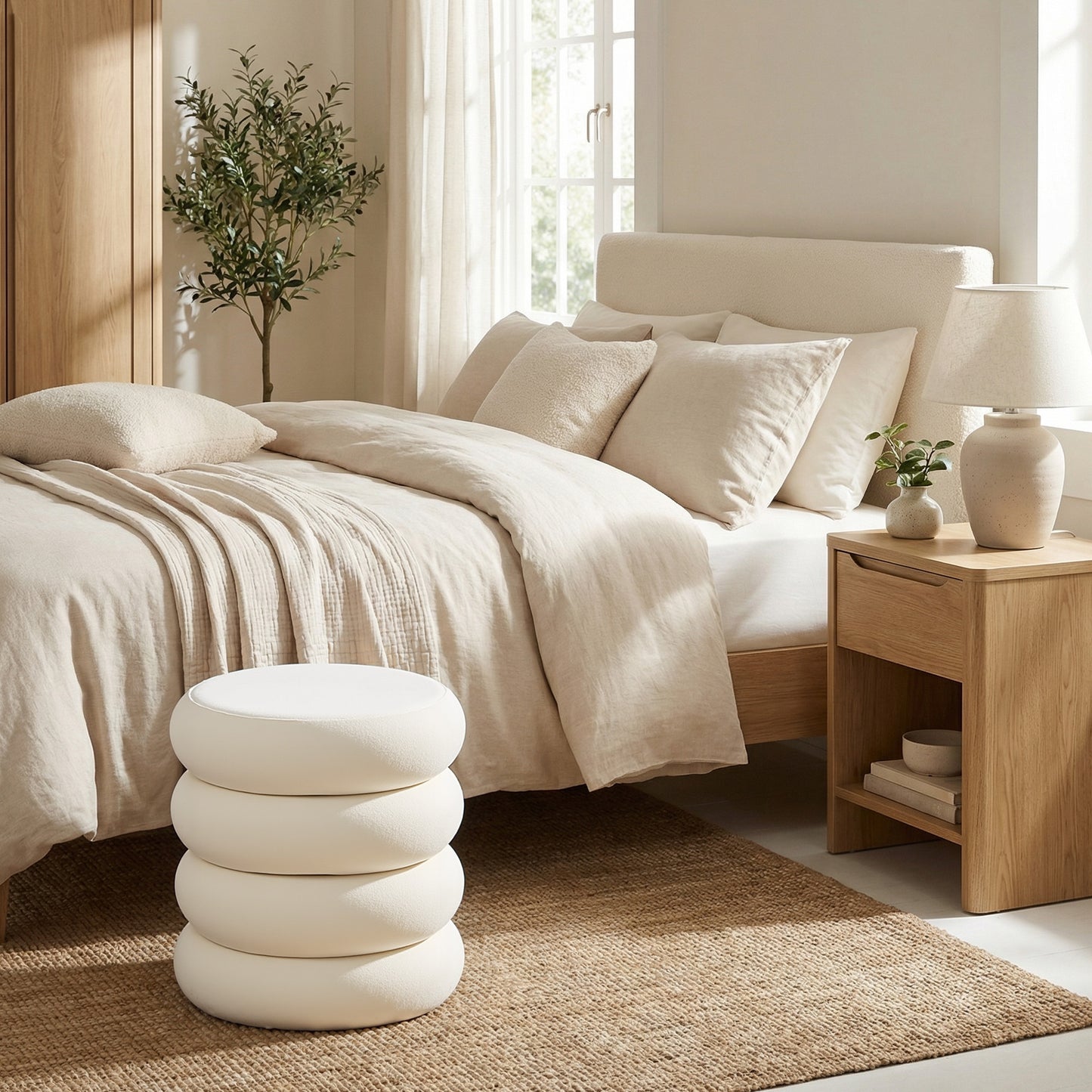 Round Velvet Storage Ottoman with Removable Lid, 16.9 Inch Upholstered Foot Stool for Living Room Bedroom, Cream White
