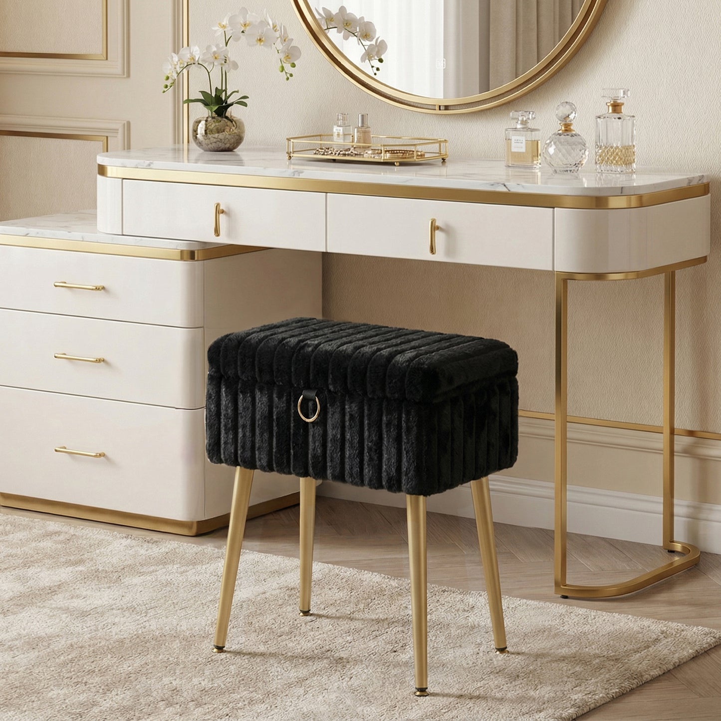 Vanity Stool with Storage and Removable Dividers, Makeup Stool and Footrest with Adjustable Feet for Bedroom and Living Room, Ink Black