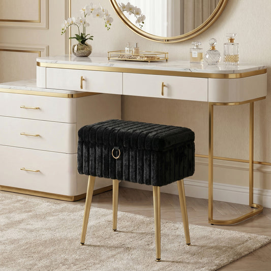 Vanity Stool with Storage and Removable Dividers, Makeup Stool and Footrest with Adjustable Feet for Bedroom and Living Room, Ink Black