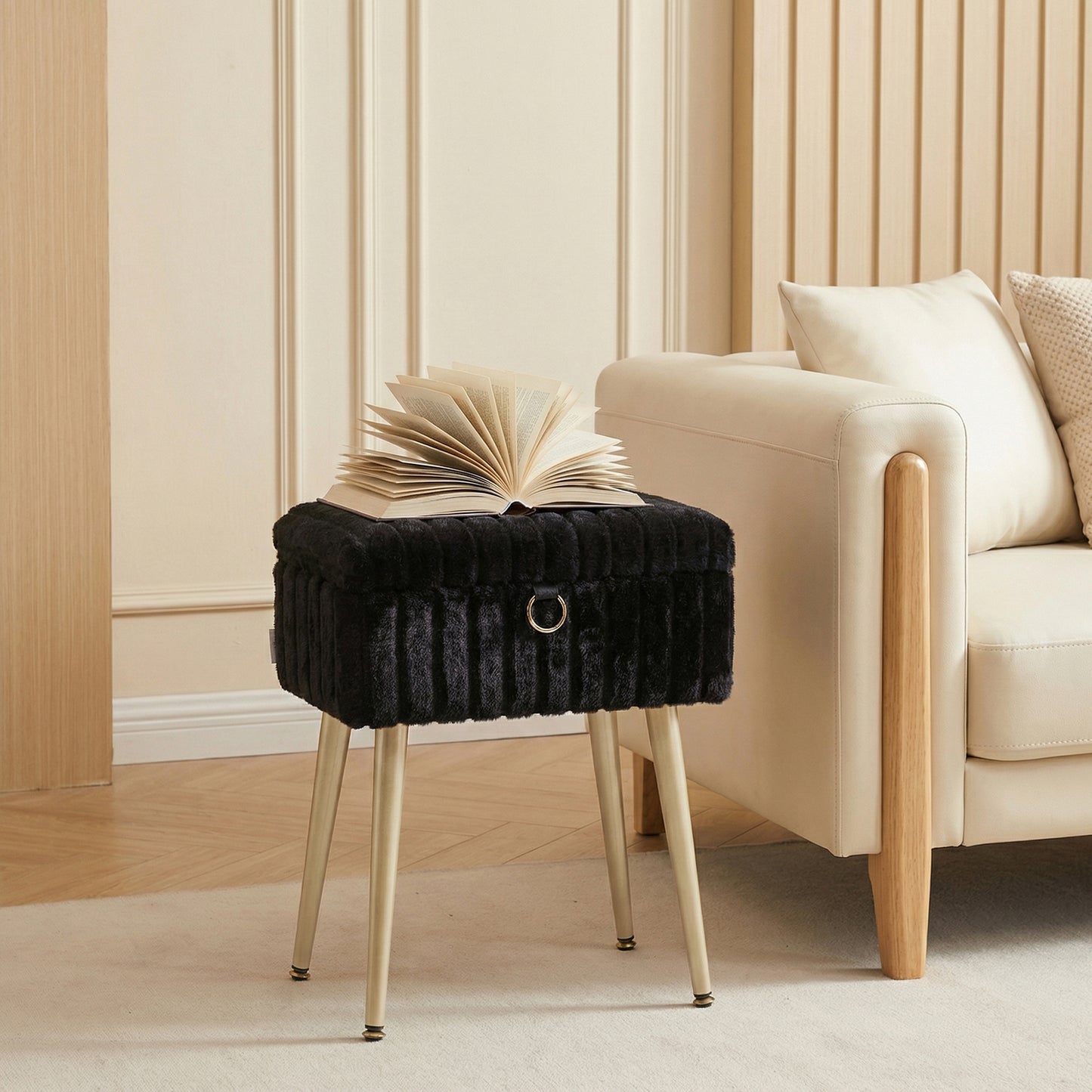 Vanity Stool with Storage and Removable Dividers, Makeup Stool and Footrest with Adjustable Feet for Bedroom and Living Room, Ink Black