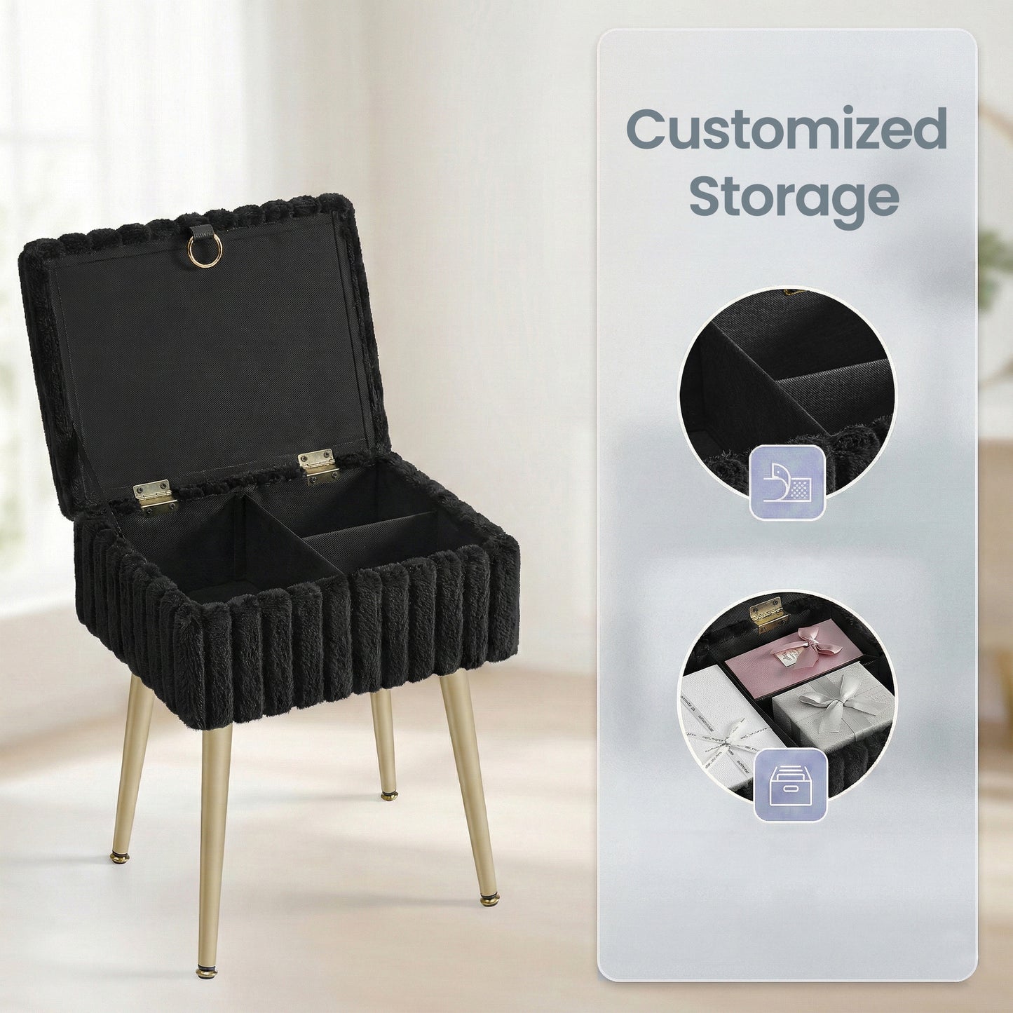 Vanity Stool with Storage and Removable Dividers, Makeup Stool and Footrest with Adjustable Feet for Bedroom and Living Room, Ink Black