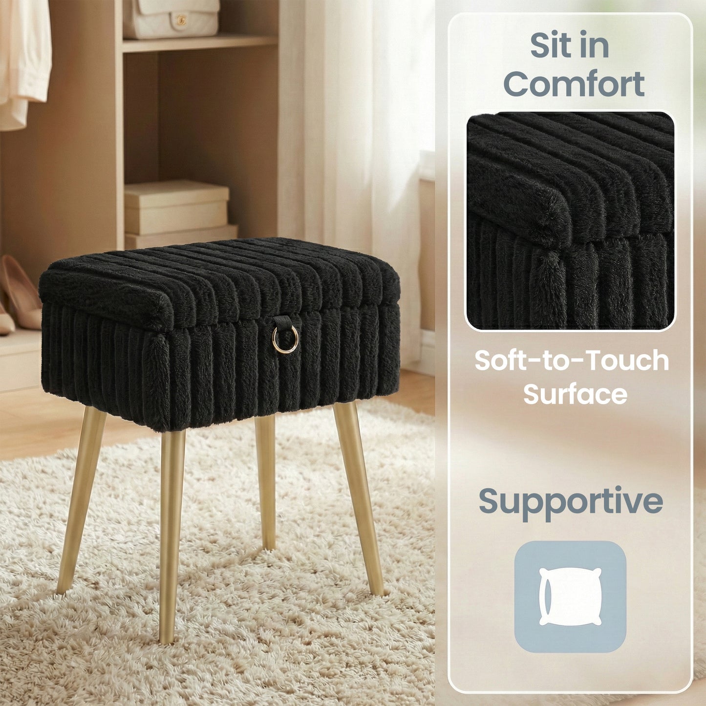 Vanity Stool with Storage and Removable Dividers, Makeup Stool and Footrest with Adjustable Feet for Bedroom and Living Room, Ink Black