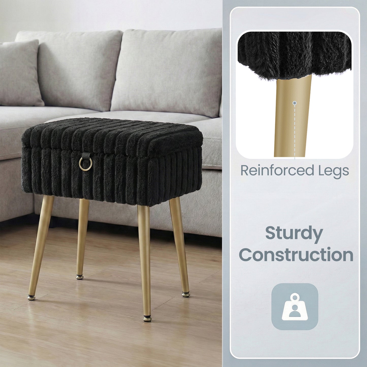 Vanity Stool with Storage and Removable Dividers, Makeup Stool and Footrest with Adjustable Feet for Bedroom and Living Room, Ink Black