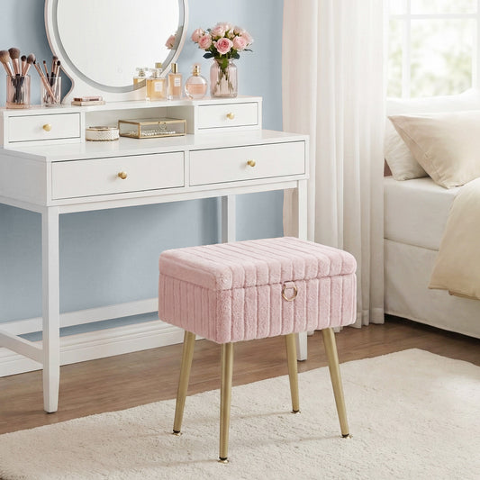 Vanity Stool with Storage and Removable Dividers, Makeup Stool and Footrest with Adjustable Feet for Bedroom and Living Room, Jelly Pink