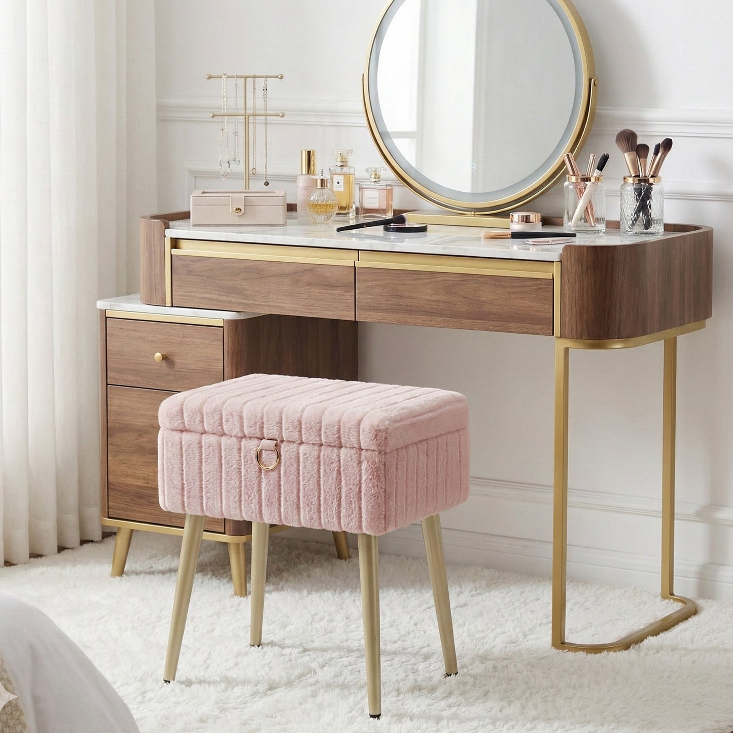 Vanity Stool with Storage and Removable Dividers, Makeup Stool and Footrest with Adjustable Feet for Bedroom and Living Room, Jelly Pink