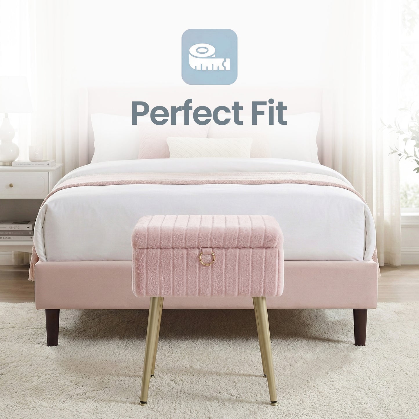 Vanity Stool with Storage and Removable Dividers, Makeup Stool and Footrest with Adjustable Feet for Bedroom and Living Room, Jelly Pink