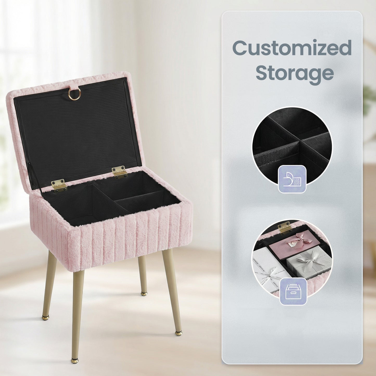 Vanity Stool with Storage and Removable Dividers, Makeup Stool and Footrest with Adjustable Feet for Bedroom and Living Room, Jelly Pink