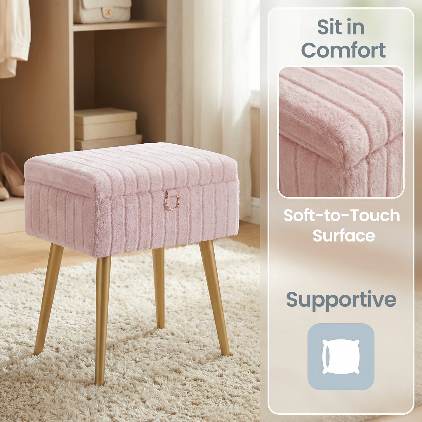 Vanity Stool with Storage and Removable Dividers, Makeup Stool and Footrest with Adjustable Feet for Bedroom and Living Room, Jelly Pink