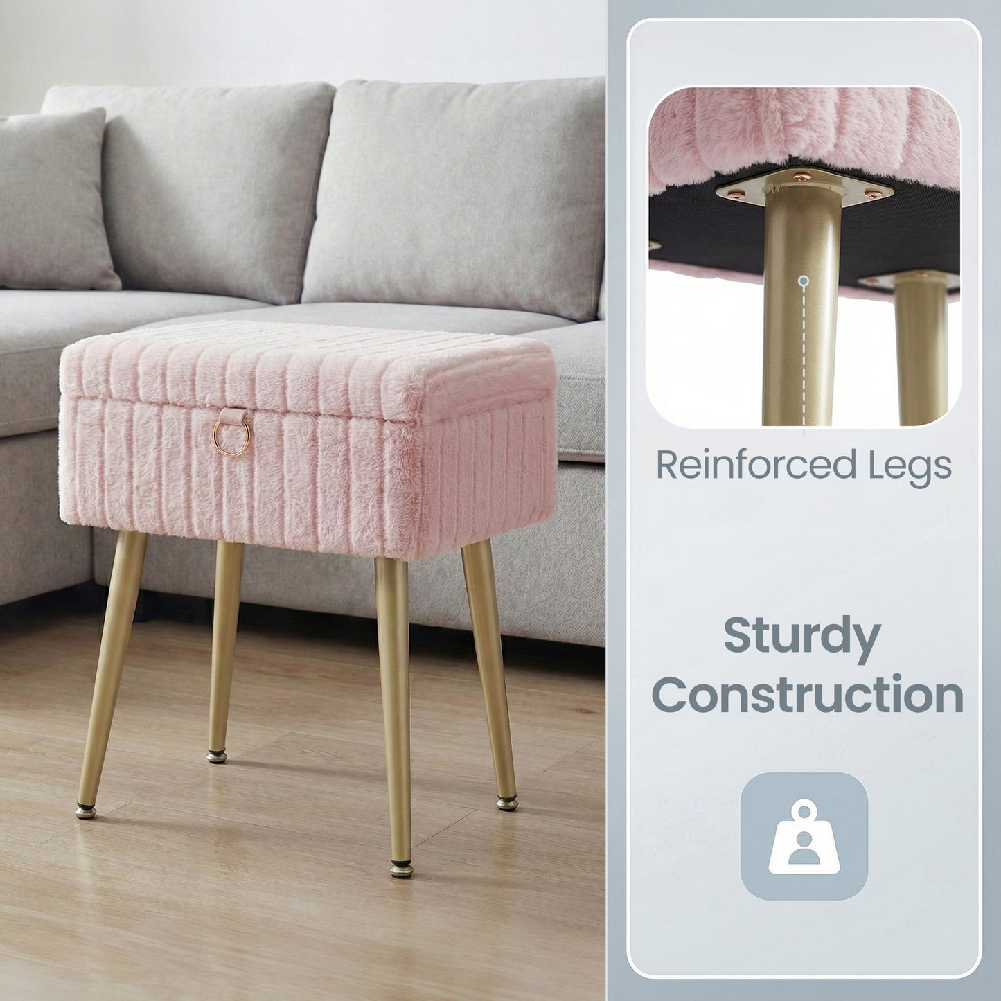 Vanity Stool with Storage and Removable Dividers, Makeup Stool and Footrest with Adjustable Feet for Bedroom and Living Room, Jelly Pink