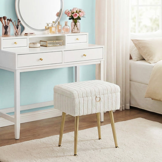 Vanity Stool with Storage and Removable Dividers, Makeup Stool and Footrest with Adjustable Feet for Bedroom and Living Room, Cream White