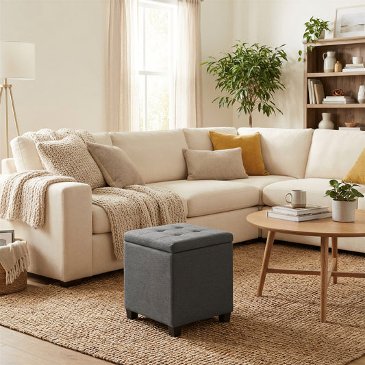 Square Storage Ottoman with Hinged Lid, 14-Gallon Footrest Stool with Solid Wood Frame, for Living Room, Bedroom, 16.9 x 18.1 x 16.9 Inches, Slate Gray