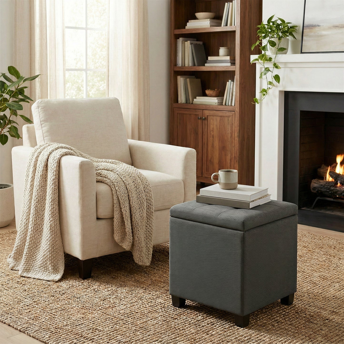 Square Storage Ottoman with Hinged Lid, 14-Gallon Footrest Stool with Solid Wood Frame, for Living Room, Bedroom, 16.9 x 18.1 x 16.9 Inches, Slate Gray