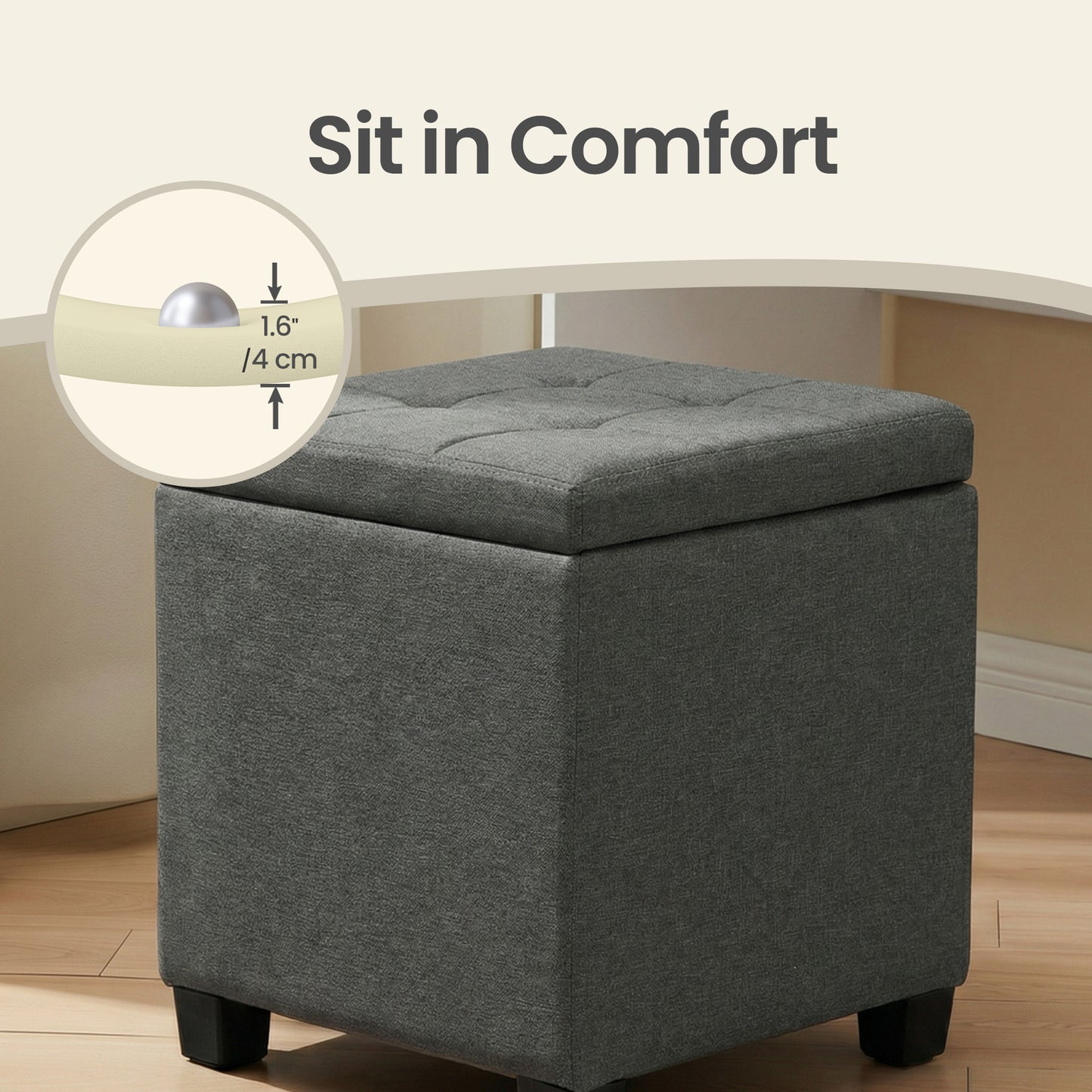 Square Storage Ottoman with Hinged Lid, 14-Gallon Footrest Stool with Solid Wood Frame, for Living Room, Bedroom, 16.9 x 18.1 x 16.9 Inches, Slate Gray
