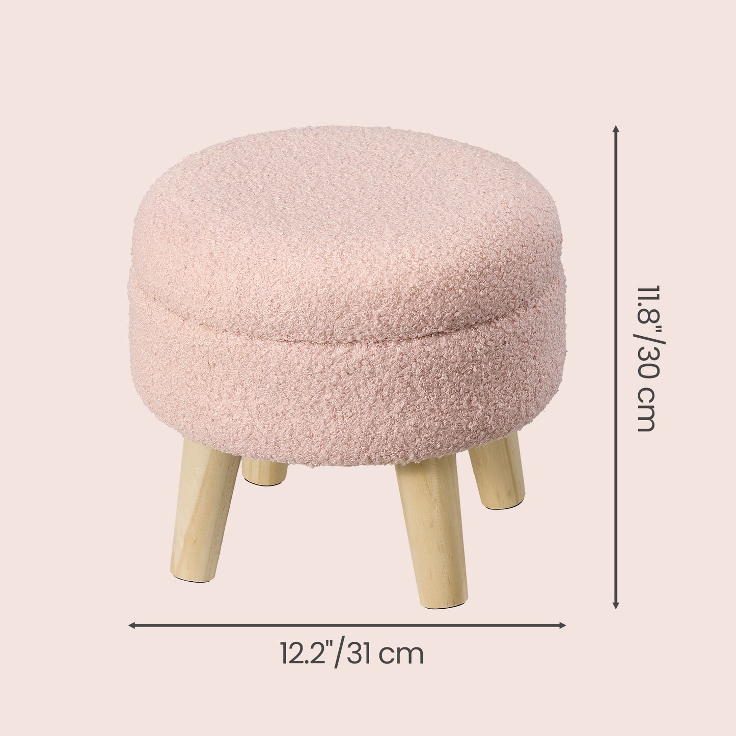 Round Storage Ottoman with Teddy Fleece Seat, 31 cm Foot Stool and Small Table for Living Room and Hallway, Jelly Pink