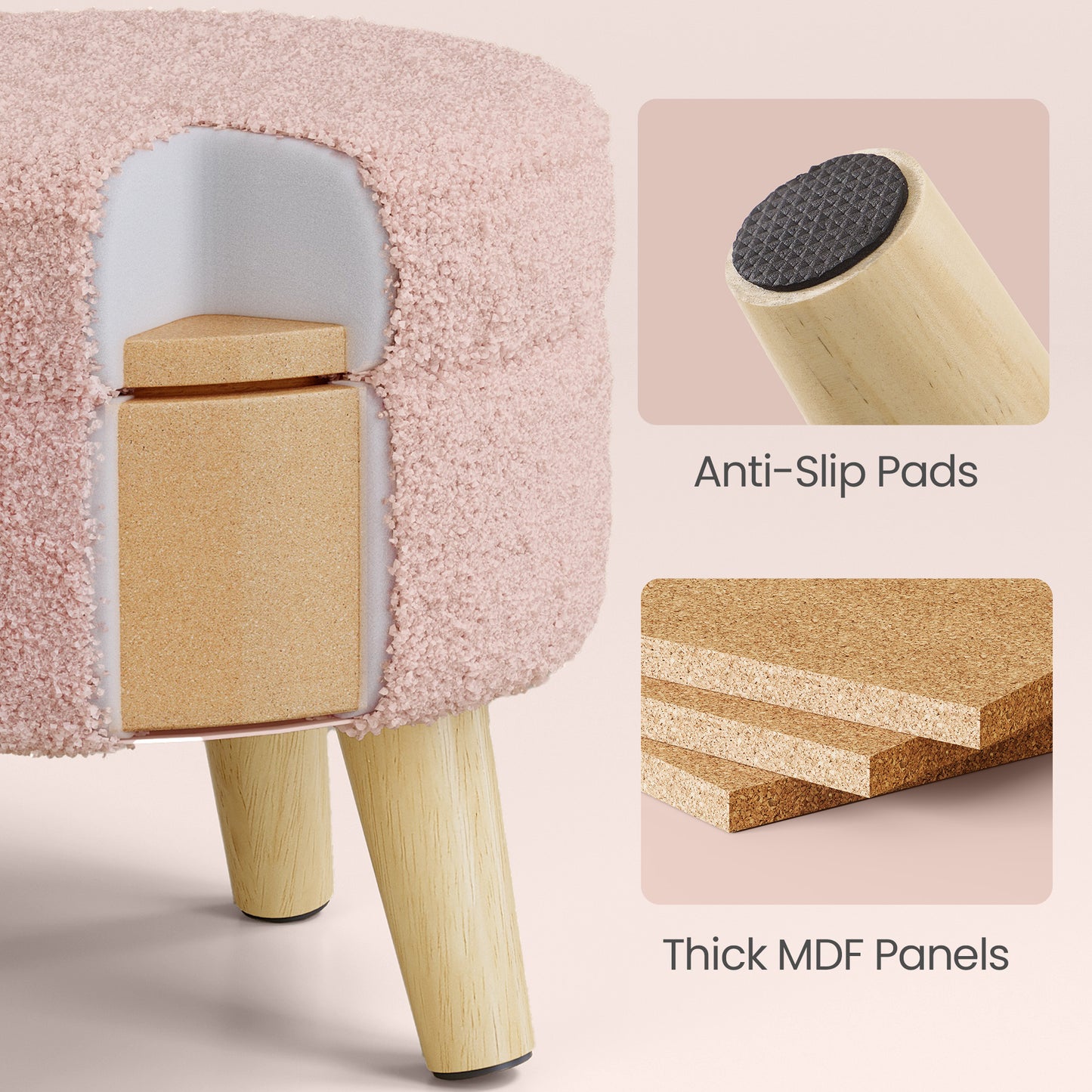 Round Storage Ottoman with Teddy Fleece Seat, 31 cm Foot Stool and Small Table for Living Room and Hallway, Jelly Pink