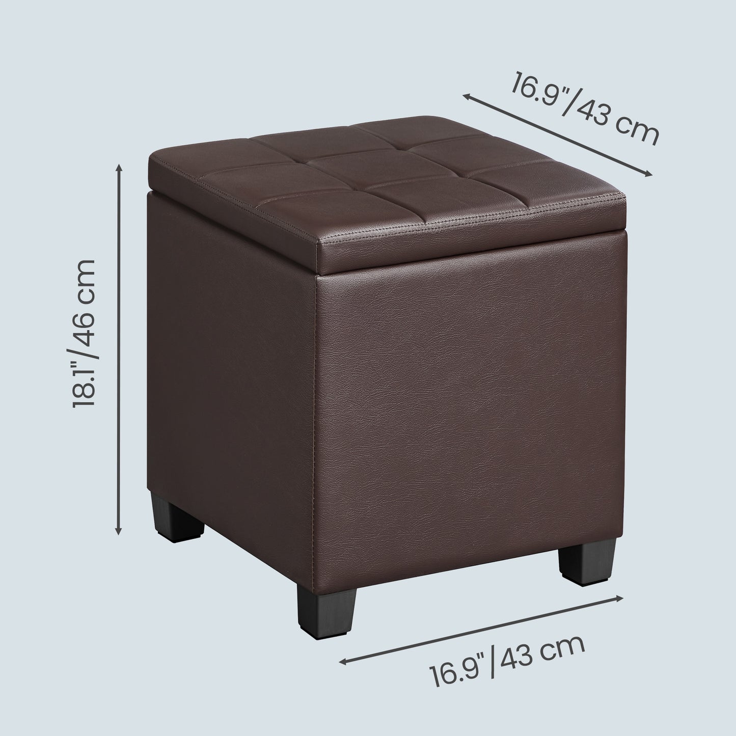 Square Storage Ottoman with Hinged Lid, 14-Gallon Footrest Stool with Solid Wood Frame, Synthetic Leather, for Living Room, Bedroom, 16.9 x 18.1 x 16.9 Inches, Deep Burgundy