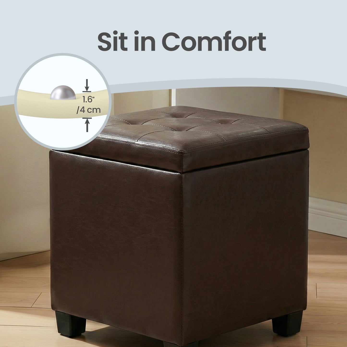 Square Storage Ottoman with Hinged Lid, 14-Gallon Footrest Stool with Solid Wood Frame, Synthetic Leather, for Living Room, Bedroom, 16.9 x 18.1 x 16.9 Inches, Deep Burgundy