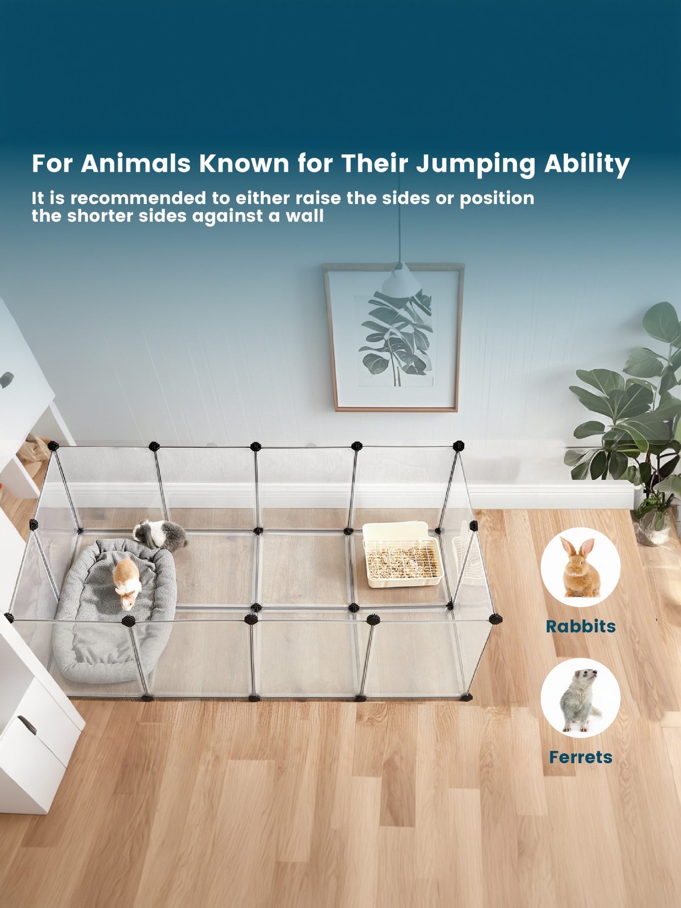 Pet Playpen with Floor, Large Small Animal Enclosure with DIY Plastic Panels, for Rabbits, Guinea Pigs, Ferrets, 56.3 x 28.7 x 18.1 Inches, White