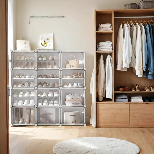12-Tier Shoe Rack Organizer with Adjustable Modular Storage, Sturdy Panels & Steel Wire, for Closet or Entryway, Holds 48 Pairs, Cloud White and Transparent
