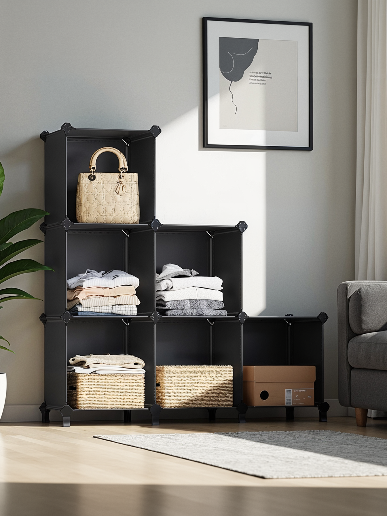 6 Cube Storage Organizer, Modular Plastic Stackable Shelves with Feet, DIY Bookshelf and Closet Organizer, 11.8 Inch Cubes, Black