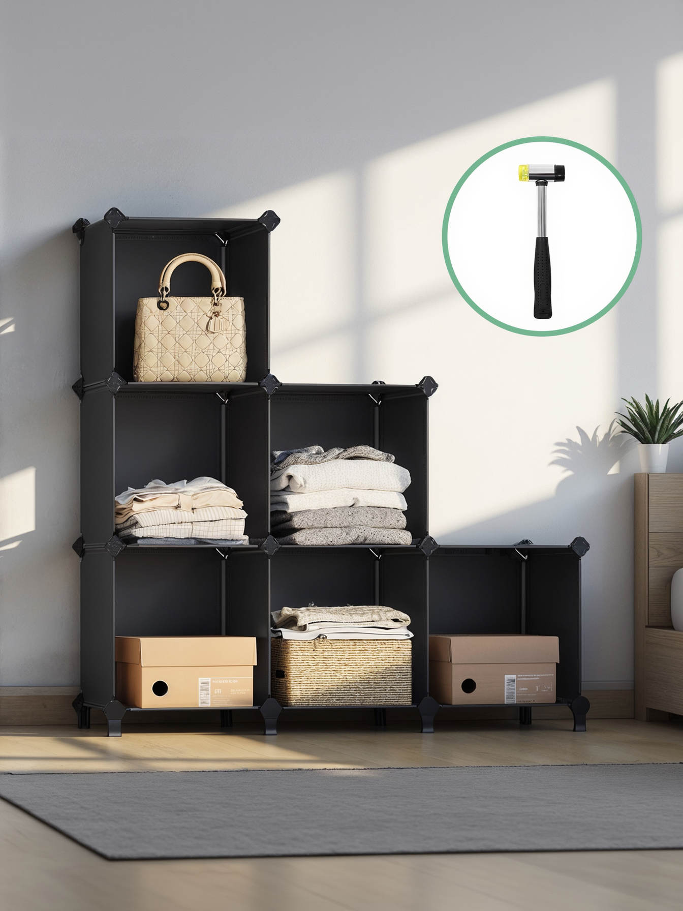 6 Cube Storage Organizer, Modular Plastic Stackable Shelves with Feet, DIY Bookshelf and Closet Organizer, 11.8 Inch Cubes, Black