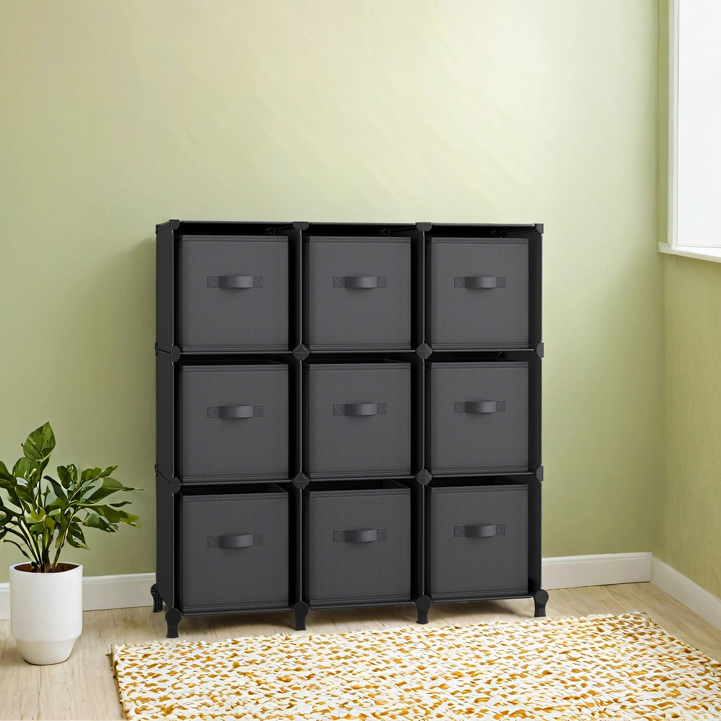 Cube Storage Organizer Set with 9 Collapsible Bins, Modular 9-Cube Shelf Unit, Expandable, Space-Saving, Bedroom, Ink Black and Dove Gray