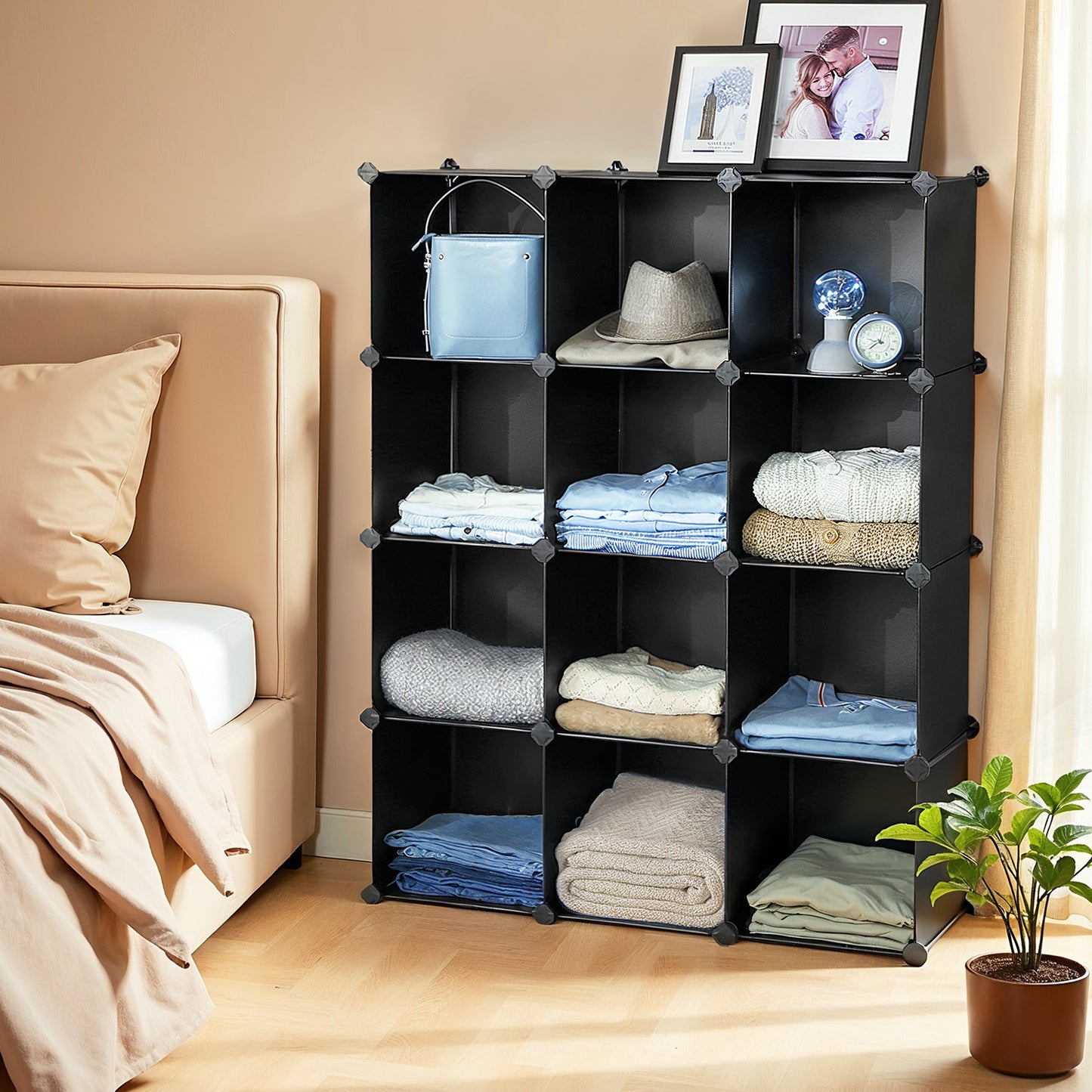 Cube Storage Organizer, Set of 12 Plastic Cubes with Metal Frame, Modular Bookcase for Bedroom Living Room, Black