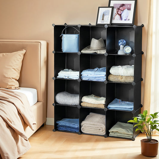 Cube Storage Organizer, Set of 12 Plastic Cubes with Metal Frame, Modular Bookcase for Bedroom Living Room, Black