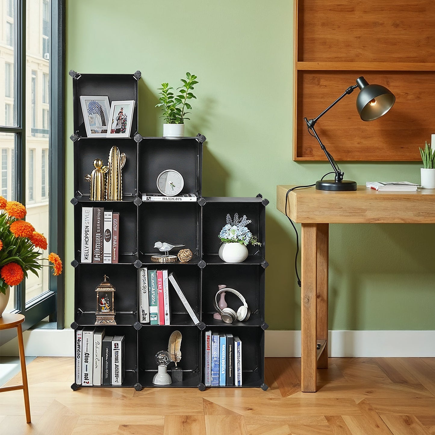 Cube Storage Organizer, Set of 12 Plastic Cubes with Metal Frame, Modular Bookcase for Bedroom Living Room, Black