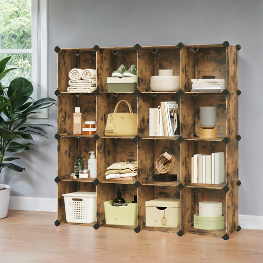 16-Cube Storage Organizer Set - Modular Plastic Shelving System for Closet, Bedroom, Easy DIY Assembly, Rustic Brown