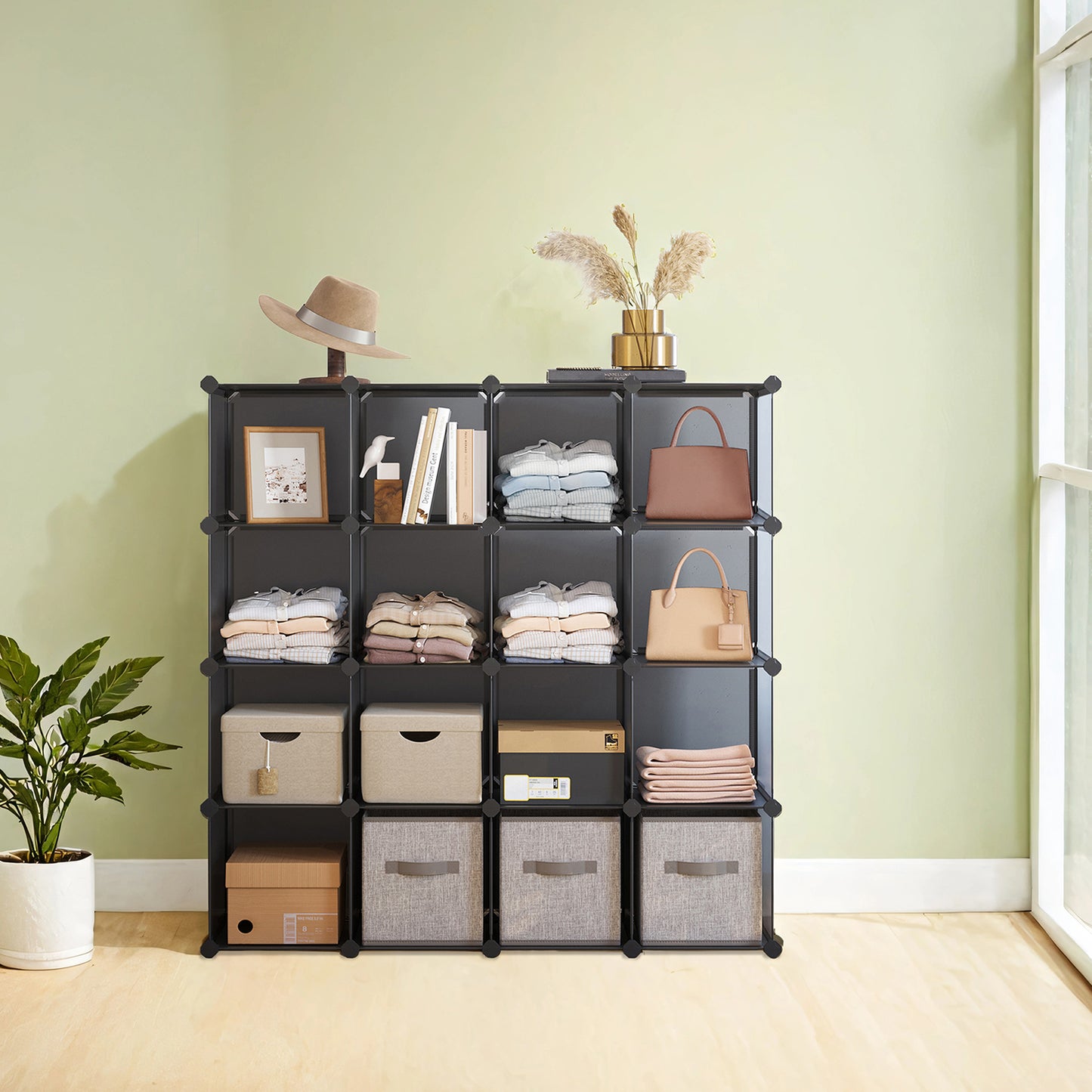 16-Cube Modular Storage System - Heavy Duty Plastic & Metal Organizer for Closet, Bedroom, Easy Snap Assembly, Gray