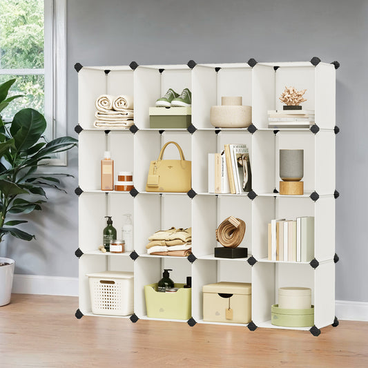 16-Cube Modular Closet System - Heavy Duty Plastic & Metal Storage Organizer, Tool-Free Assembly, Cream White